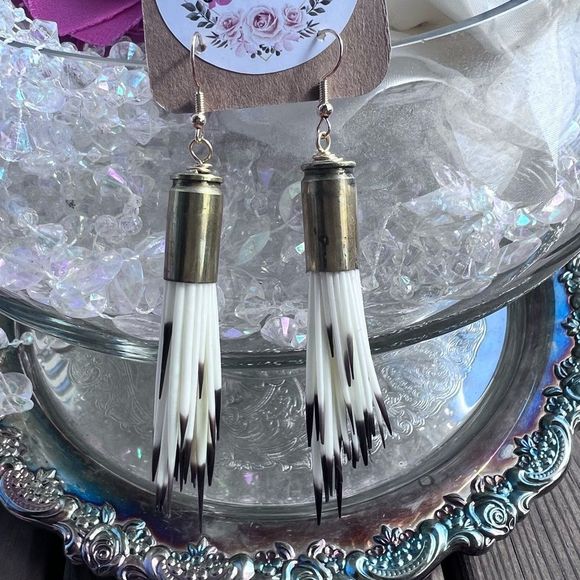 Rich McCoy Unique Handmade Upcycled Brass Bullet
Casing Porcupine Quill Earrings - Picture 2 of 4